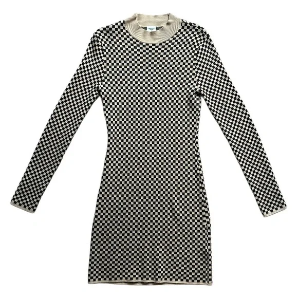 black dresses for petite women Black & White Asymmetric Checker Long Sleeve Bodycon Mini Dress  Keni Rae